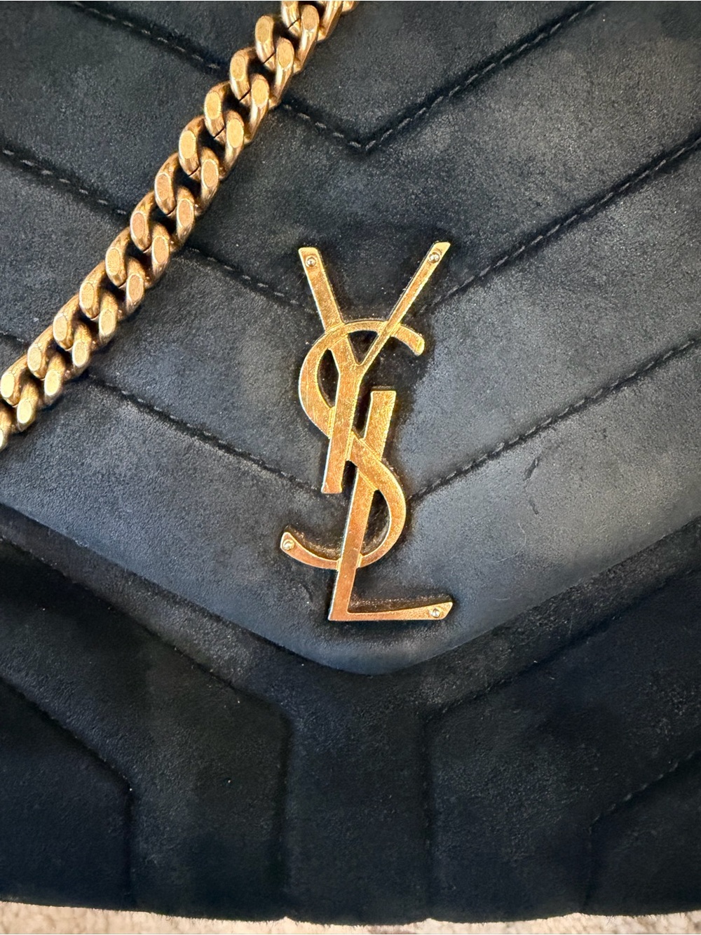 Saint Laurent Suede Calfskin Y Quilted Monogram Small Loulou Chain Satchel Black - Picture 6 of 9